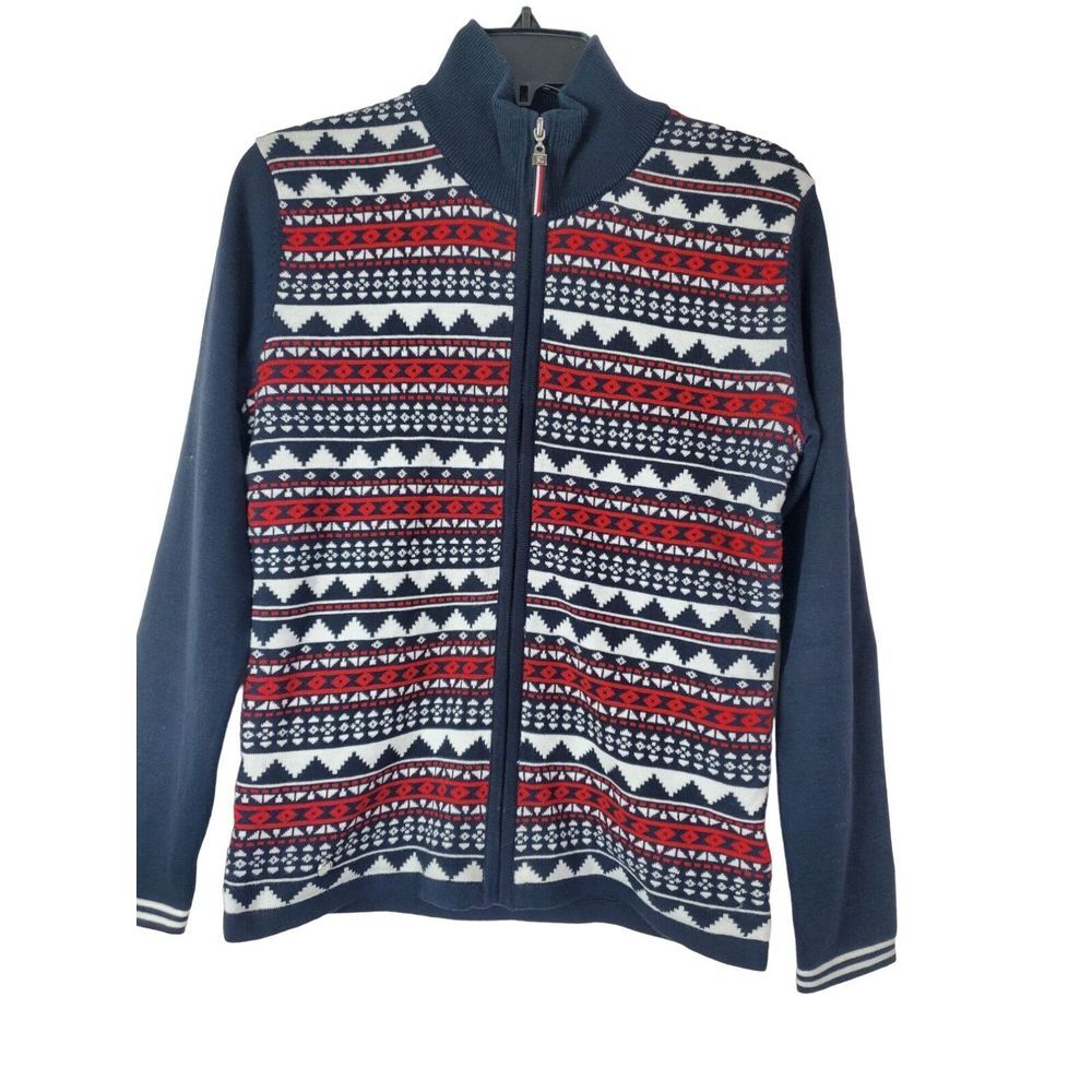 Daily Sports Women's Fair Isle Nordic‎ Sweater Size S Zip Knit Blue